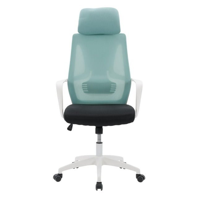 CorLiving Ashton high back ergonomic office chair featuring adjustable height, teal mesh backrest with lumbar support, black padded seat cushion, white armrests and five-wheel base