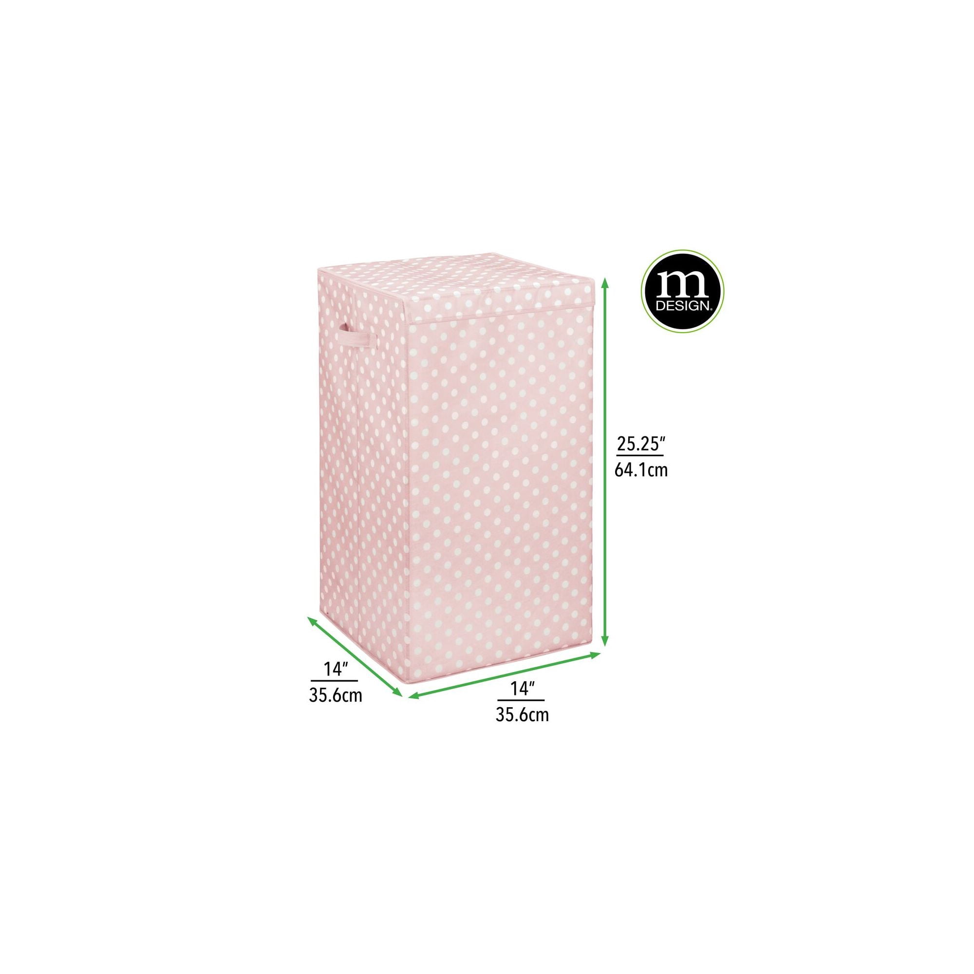 mDesign Large Laundry Hamper Basket with Hinged Lid - Portable and Foldable for Compact Storage - Single Hamper Design for Nursery, Girls Room, Kids Playroom - Fun Polka Dot Print - Pink/White Dots