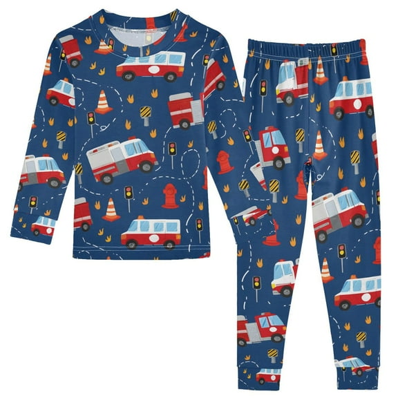 joogoo Fire Trucks Cartoon 2 Piece Long Sleeve Tee and Pants Cotton Pajama Set 5Y