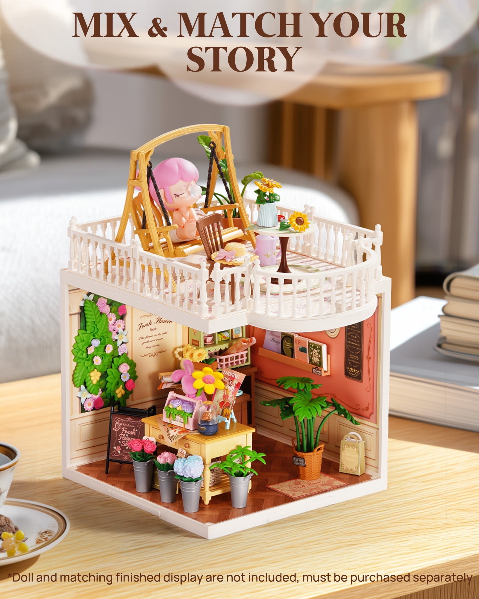 ROBOTIME DIY Miniature House Kit, Super Creator Extension Pack – Terrace, 68PCS Tiny House Craft Kits to Build, Gifts for Kids Teens Adults