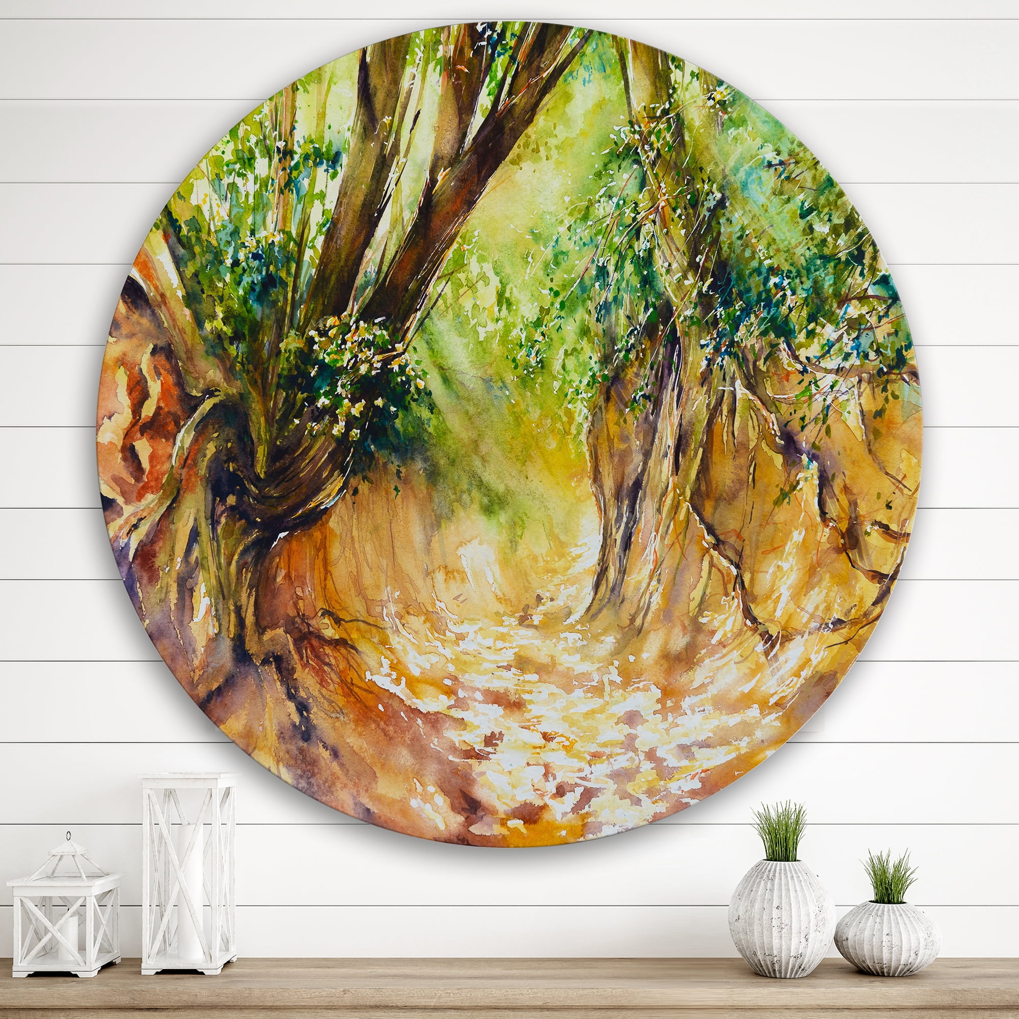 Designart 'Little Road in Deep Forest ' Traditional Circle Metal Wall Art 29x29 - Disc of 29