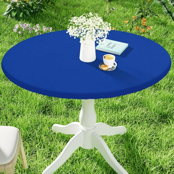 Round Spandex Tablecloth, Elastic Fitted Waterproof Tablecloths for 45"-52" Tables, Stretch Washable Picnic Table Cover for Camping, Dining, Indoor and Outdoor, Blue