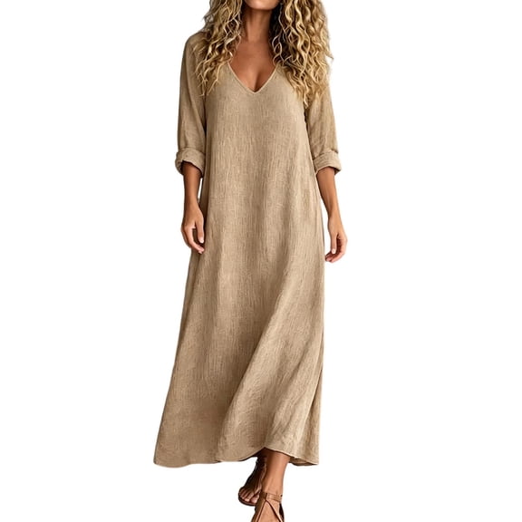 Levmjia Women's Dress V Neck Long Sleeve Maxi Dress Casual Loose Fit Solid Color Cotton Linen Blend Fall Winter Dresses with Pockets