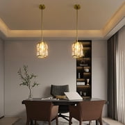2 Pack Gold Crystal Shade Hanging Kitchen Island Modern Pendant Light, Adjustable Hanging Lamp Fixture for Dining Room, Bar, E26 Socket Dimmable