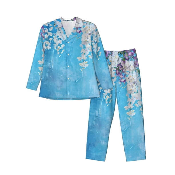 Balery Hanging Orchids Floral Blue Pijama para Hombre de Dos Piezas con Manga Larga, Conjunto de Dormir y Descanso Suave con Bolsillos-XX-Large