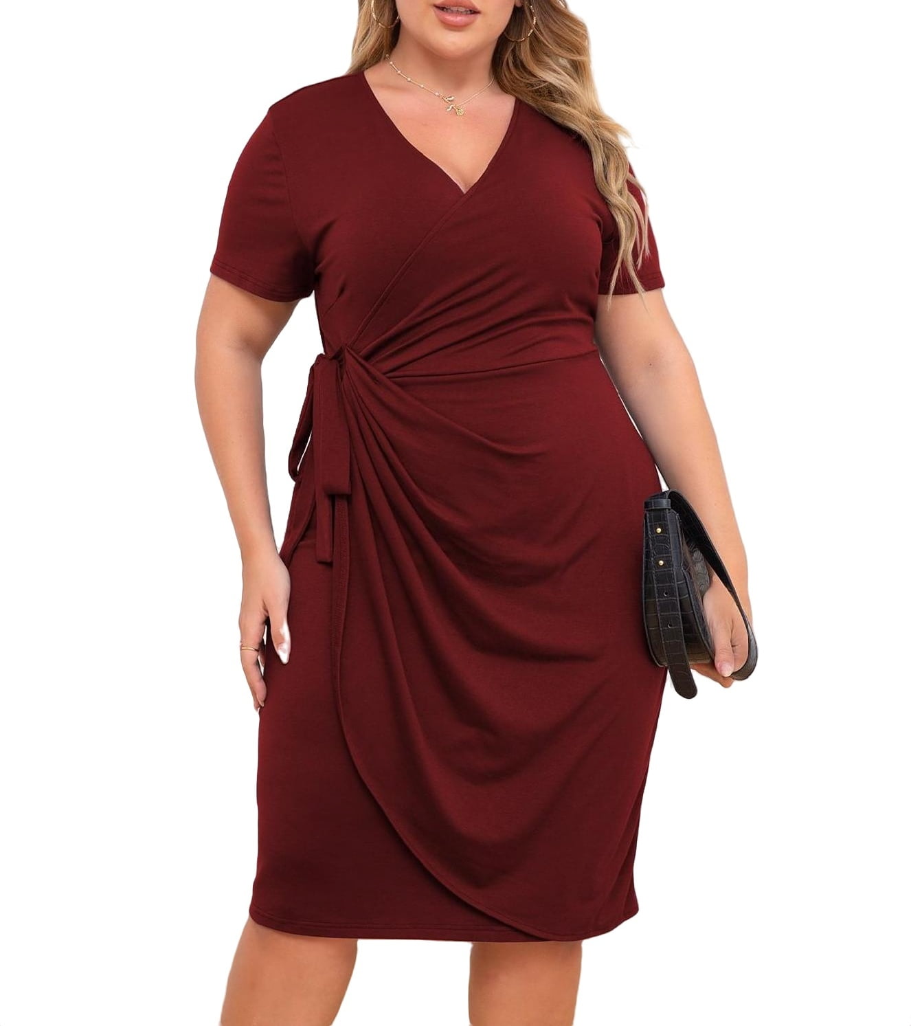 Elegant V Neck Wrap Dress Short Sleeve Burgundy Plus Size Dresses
