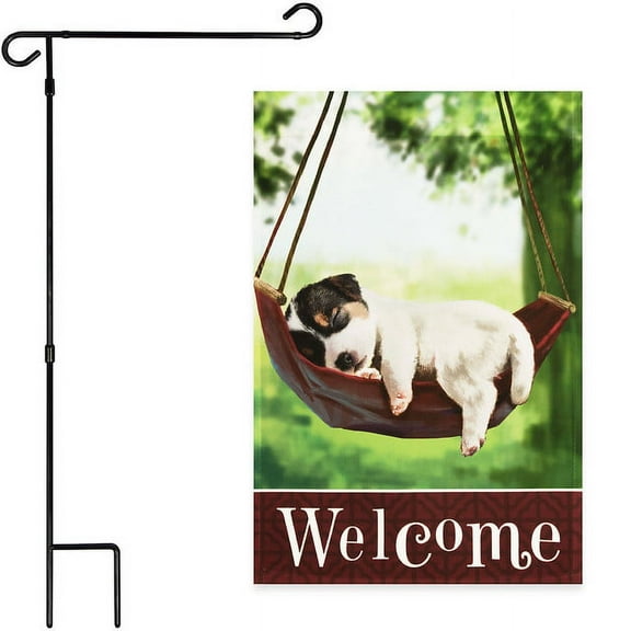 G128 Combo Pack: Garden Flag Stand Black 36x16IN & Garden Flag Welcome Sleeping Puppy 12x18IN