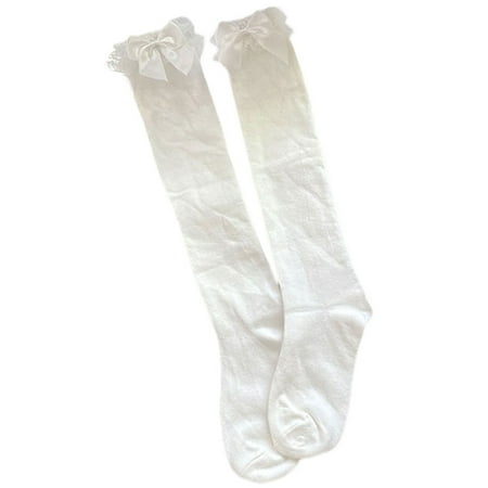 

Women Lolita Lace Ruffle Knee High Socks Kawaii Bowknot Solid Color Stockings