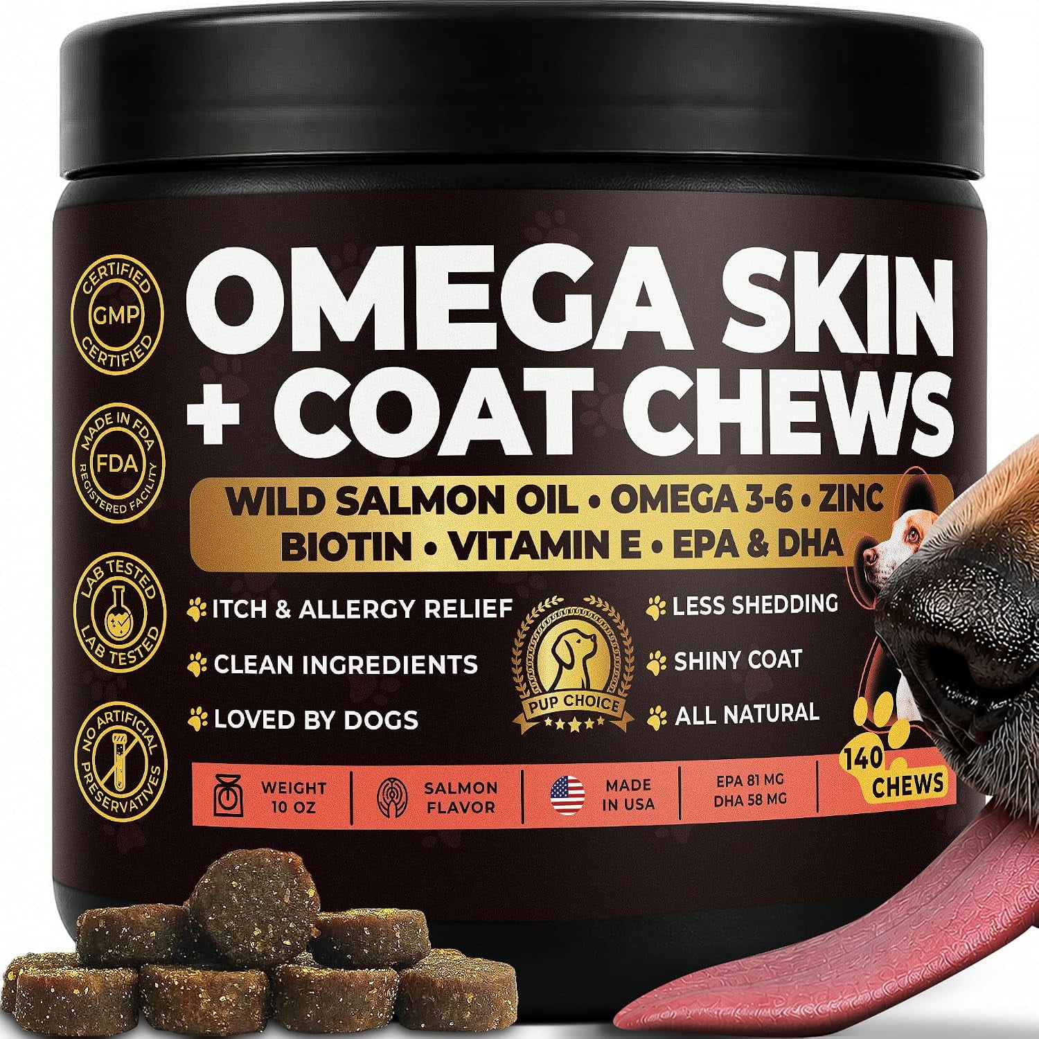 Pup Choice Omega 3 & 6 Skin & Coat Chews for Dogs with Wild Salmon Oil, Biotin & Zinc – Supports Healthy Skin, Shiny Coat & Shedding, Salmon Flavor, 140 Count