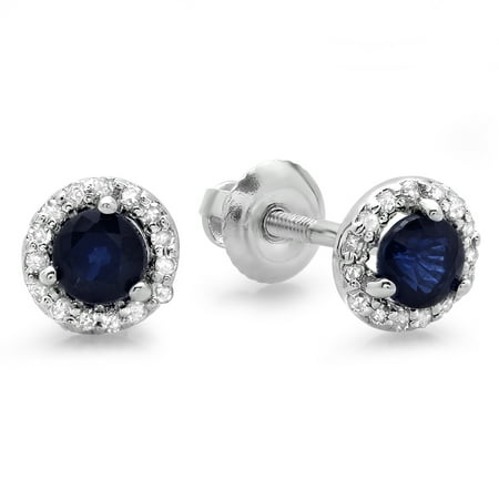 - 0.45 Carat (ctw) 14K White Gold Round Blue Sapphire & White Diamond Ladies Halo Style Stud Earrings 1/2 CT