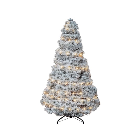 Nextay Snow Flocked Pencil Christmas Tree, 4.5FT Pre-Lit Slim Tree with 120 Warm Lights, Hinged Design & Metal Stand for Home, Office, Party Decor