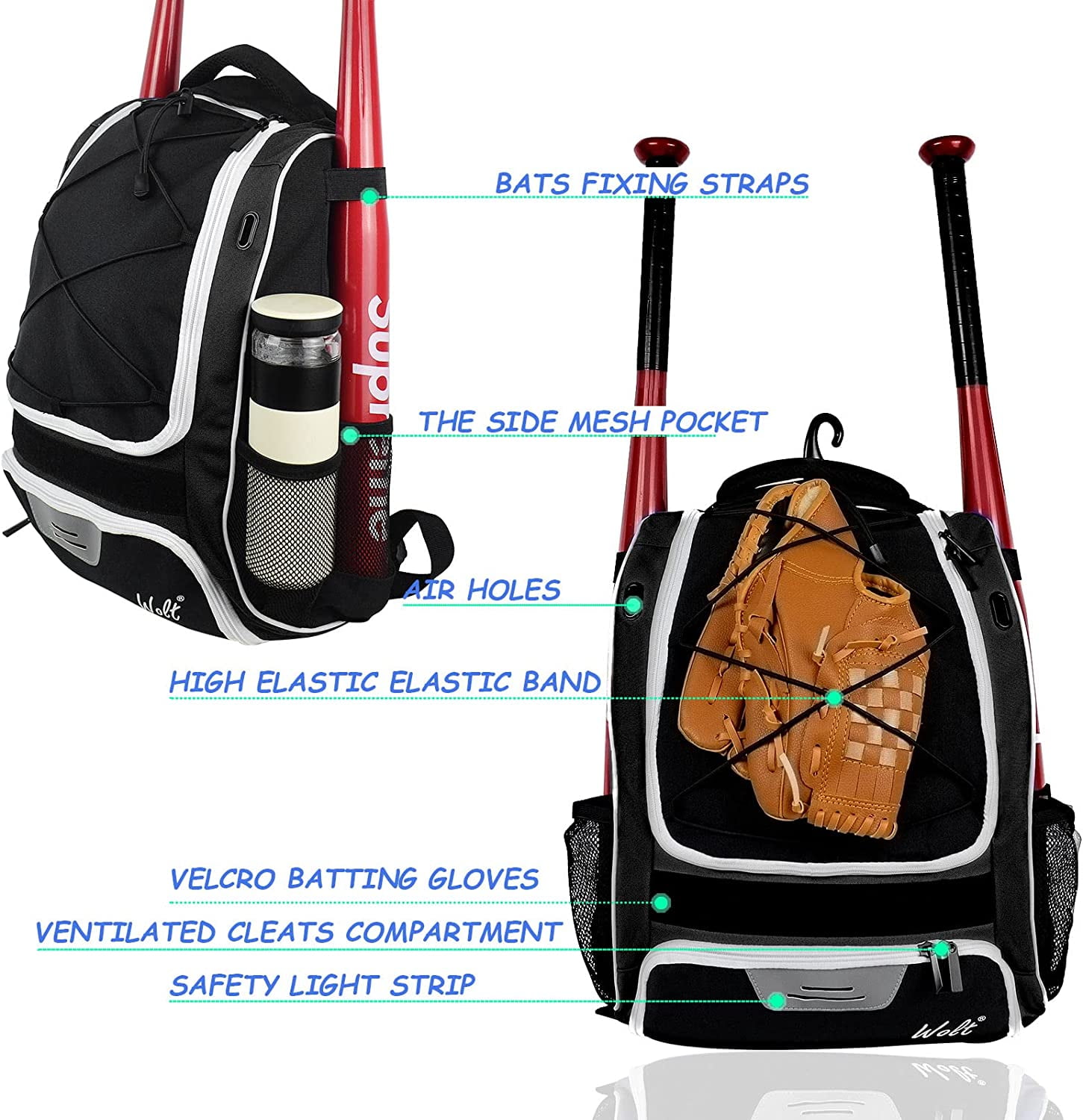 WOLT | Youth Baseball Bag Backpack for Boys Baseball Backpack New Outdoor Baseball Equipment Bag Black