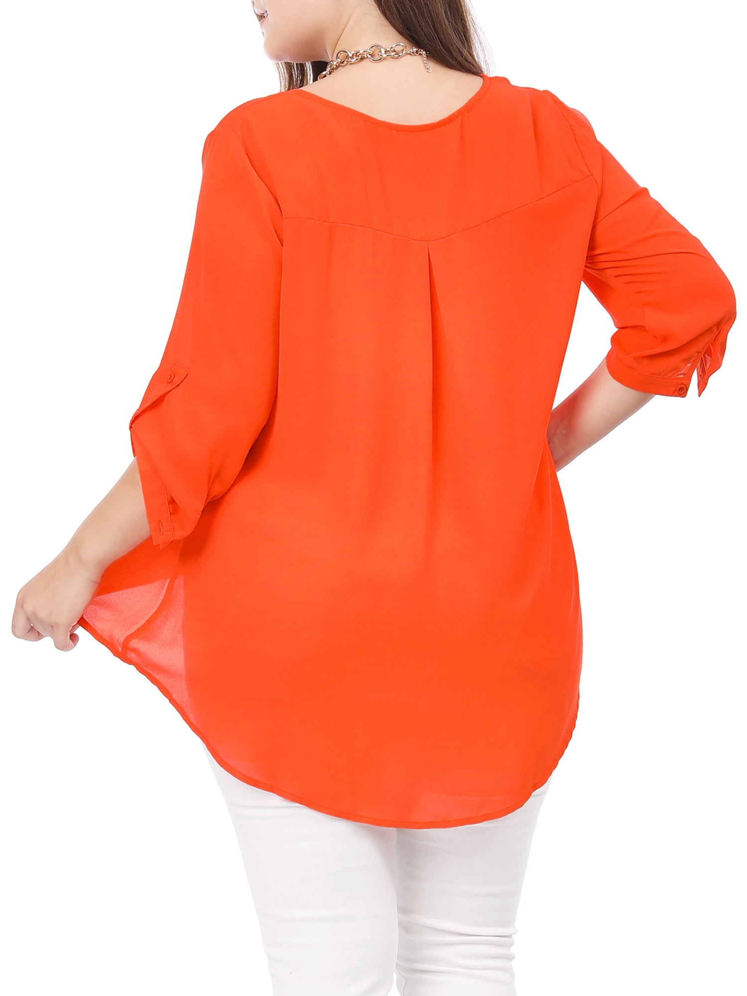 Unique Bargains Women's Plus Size V Neck High Elbow Sleeves Blouse 1X Orange