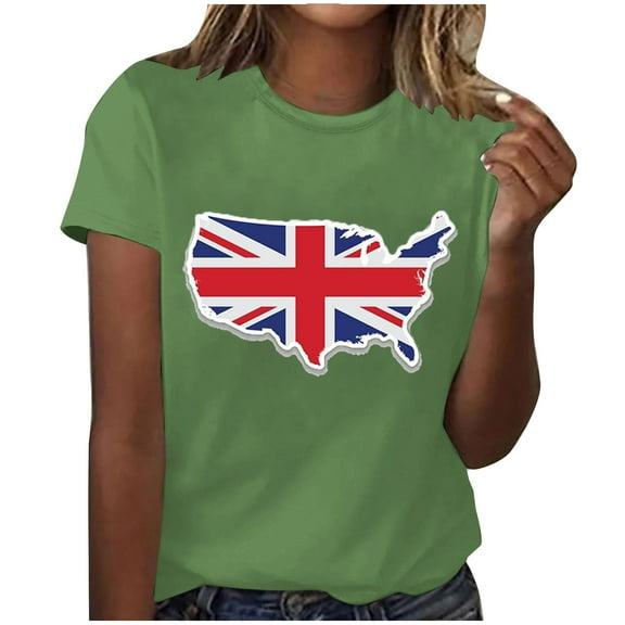 WREESH Womens Basic Graphic Tees Great Britain Uk Flag T-Shirts Fashion Printed Round Neck Short Sleeved Casual Top Shirt Olive Green