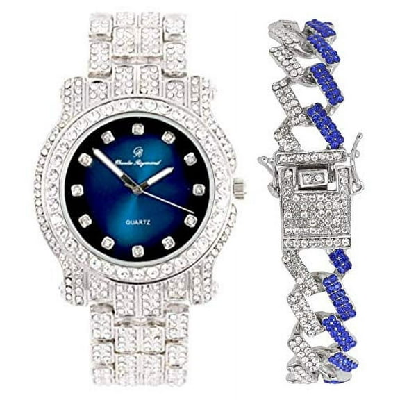 Charles Raymond Blinged Out Silver Round Luxury Mens Hip Hop Wristwatch w/Iced Out Bracelet -(L0504DXB ZZ Silver Royal Blue)