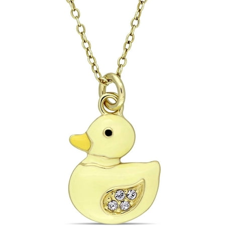 Cutie Pie Yellow Rhodium-Plated Sterling Silver Kids' Duck Pendant with Crystals and Yellow Enamel, 14 with 2 Extension