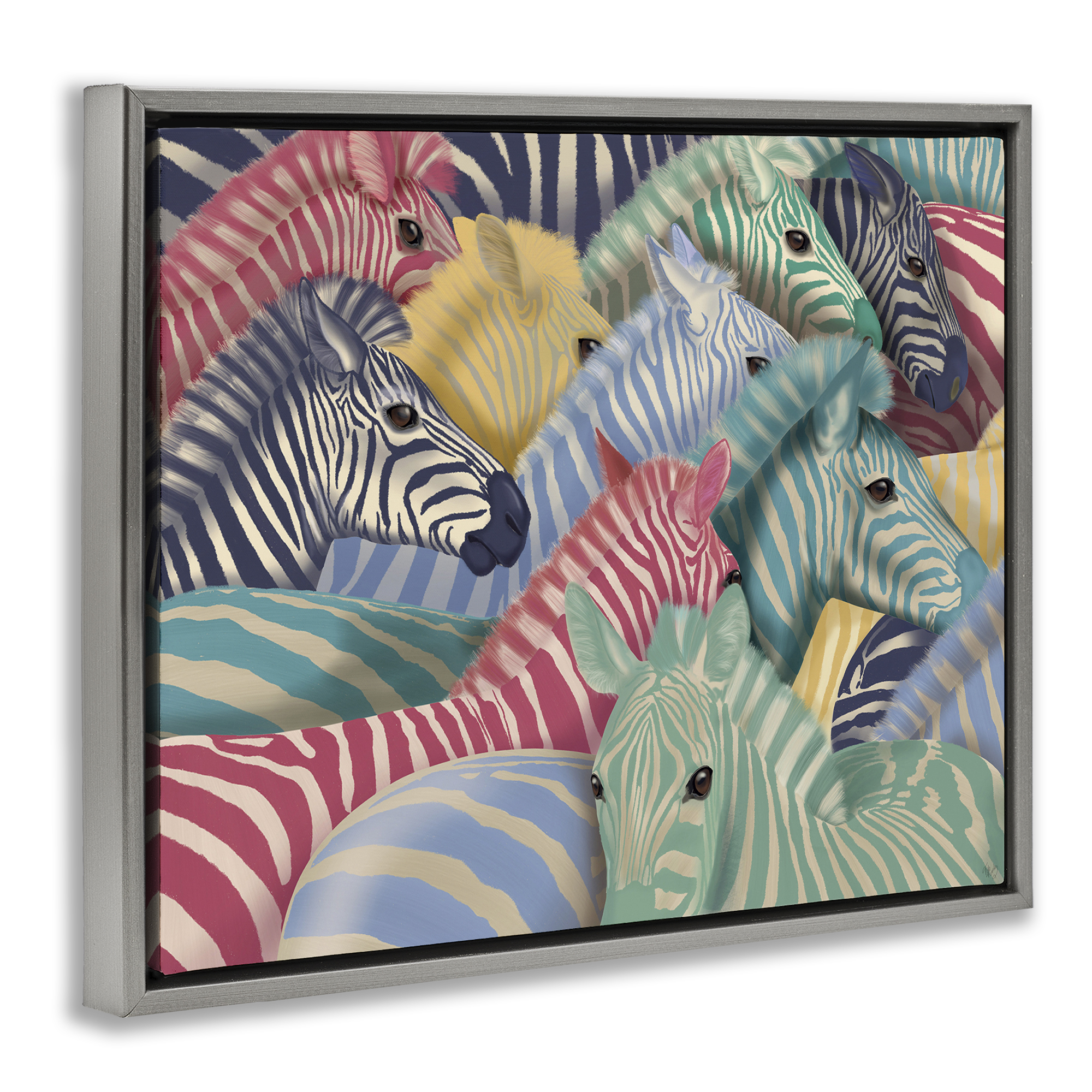 Stupell Industries Modern Hued Zebras Animals Painting Gray Floater Framed Canvas Art Print Wall Art, 31 x 25