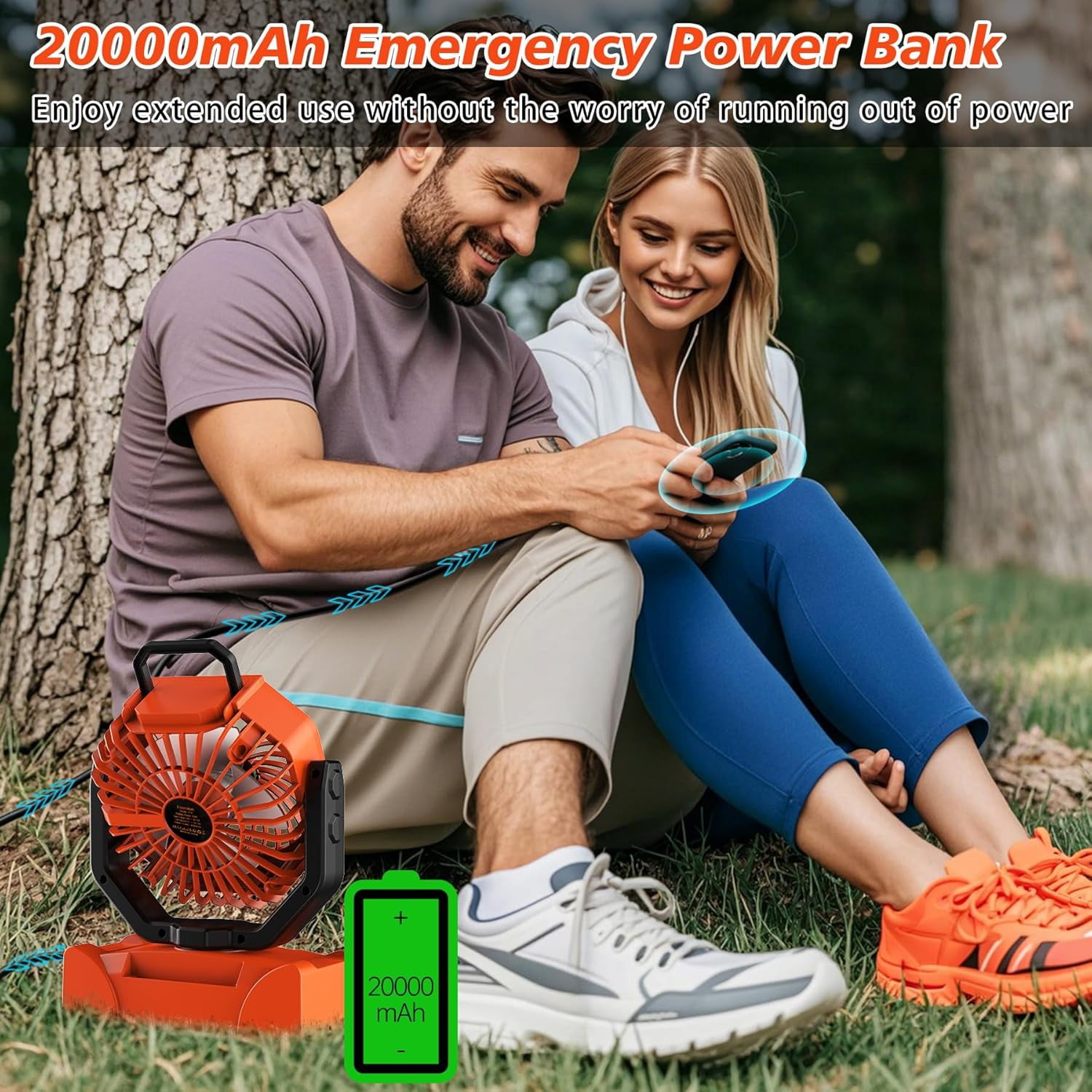 20000mAh Rechargeable Portable Camping Fan - Max 68 Hrs Runtime, Battery Operated with LED Lantern, 5 Speeds, 4 Timers. Desk Fan for Travel & Power Outages (Orange)