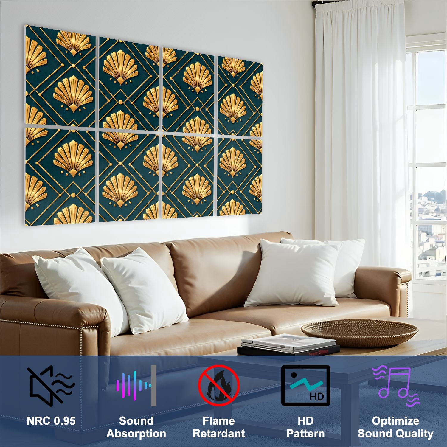 8 Pack Art Acoustic Panels Art Deco Gold Fan Dark Seamless Design Self Adhesive Absorbing Dampening Panels Self Adhesive for Nursery Game Room Bedroom 48"x32"