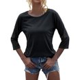 thumbnail image 4 of Womens Plain Tshirts Long Sleeve Going Out Tops for Women Fall Fashion Crewneck 3/4 Sleeve Solid Basic Cute Tee Shirts Black 2XL, 4 of 7