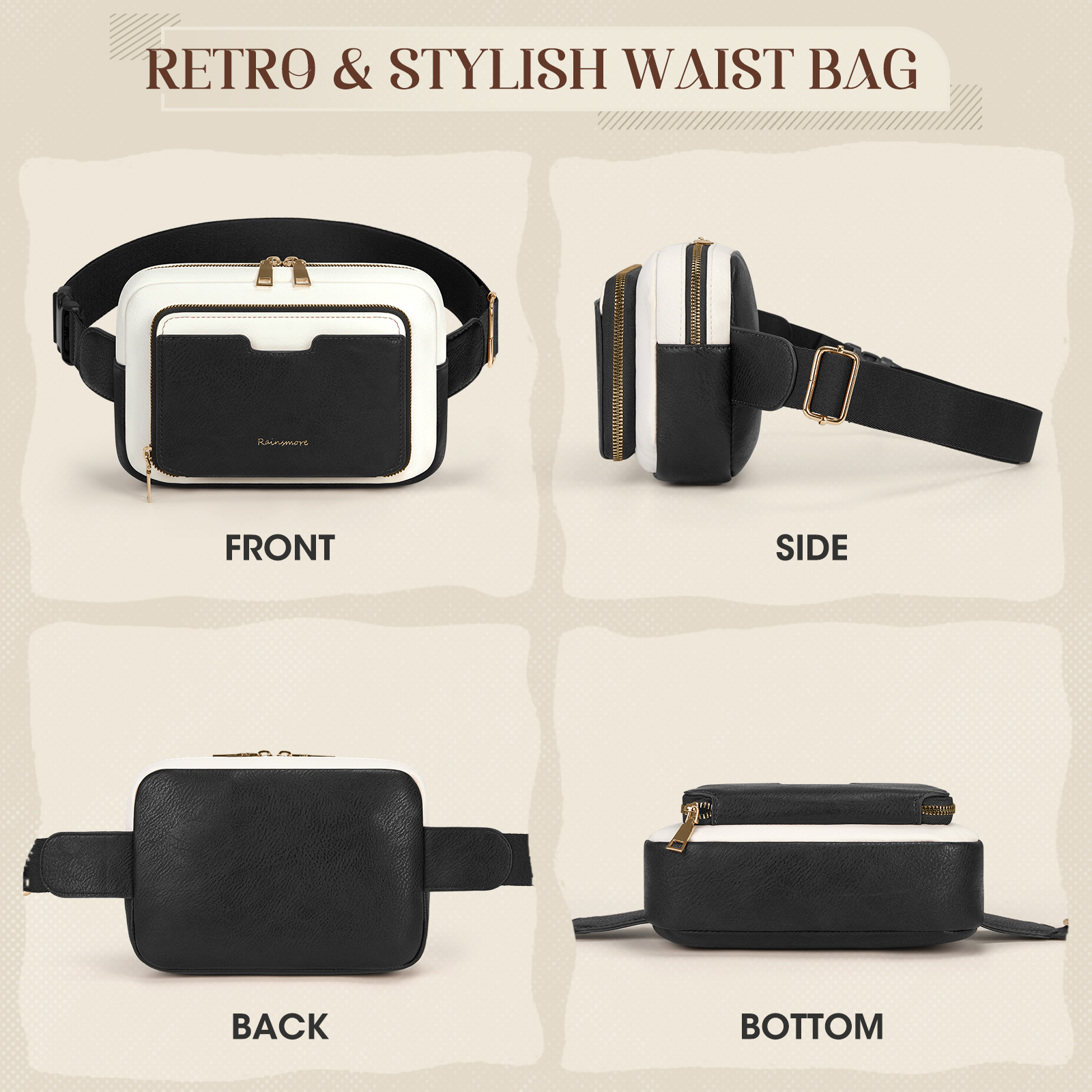 RAINSMORE Fanny Packs for Women, Leather Belt Bag Waterproof Everywhere Crossbody Waist Pack with Adjustable Strap Retro Sling Chest Bag for Work Running Travel Party,Black&White