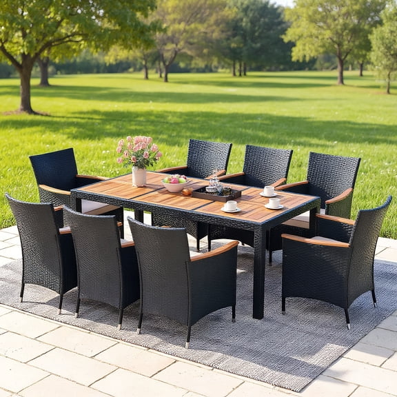 YYAo Patio Dining Table, Outdoor Dining Set, Picnic Set, 9 Pieces Outdoor Dining Set with Acacia Wood Tabletop