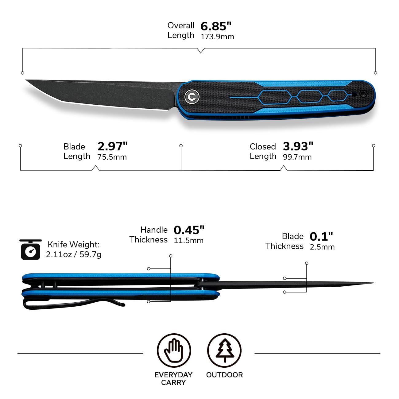 CIVIVI KwaiQ Pocket Folding Knife with Inline Flipper 2.97" Nitro-V Tanto Blade Two-tone G10 Handle C23015-3
