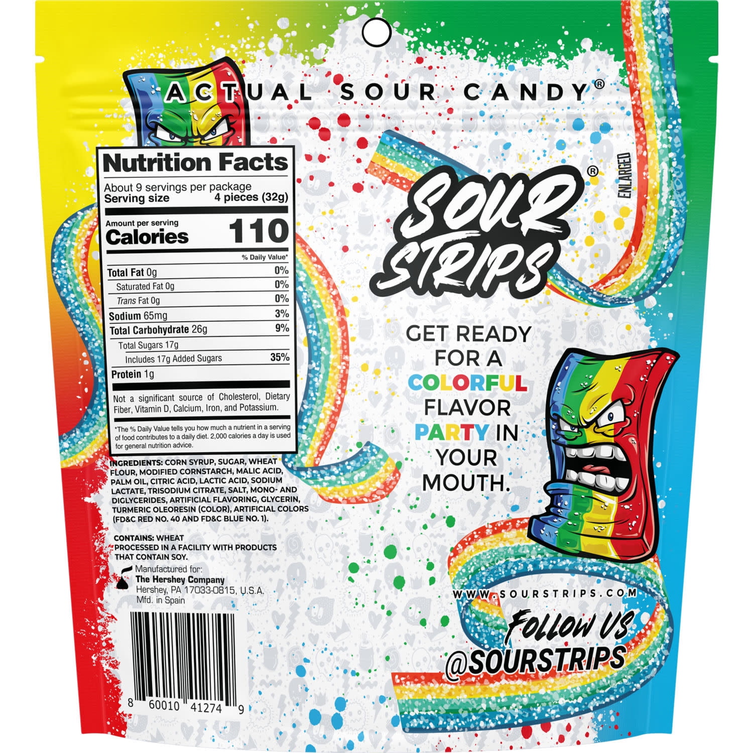 Sour Strips Rainbow Flavored Chewy, Candy Party Bag, 10.2 oz