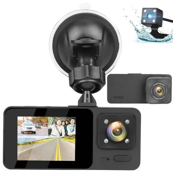 3 Channel Dash Cam, 1080P HD Dash Backup Camera with Night Vision, G-Sensor, Parking Monitor, Loop Recording - Black