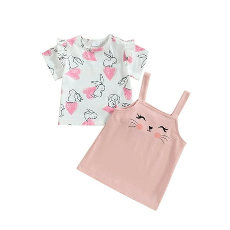 

Eyicmarn Baby Girls Easter Dress Set Short Sleeve Crew Neck Rabbit Print T-shirt + Sling Dress Summer Outfit