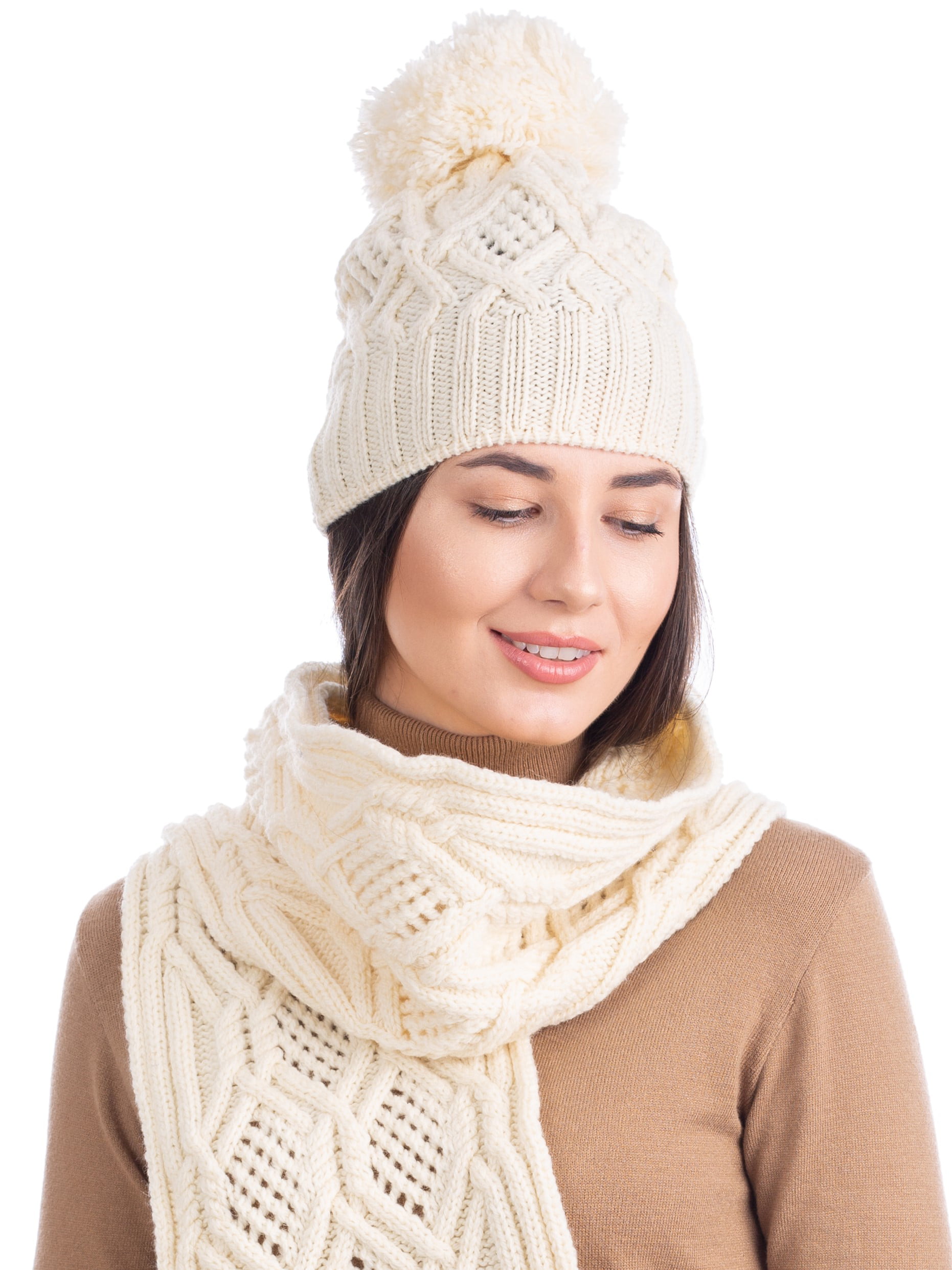 Aran Traditions Warm Winter Cable Knit Faux Fur Bobble Beanie Hat