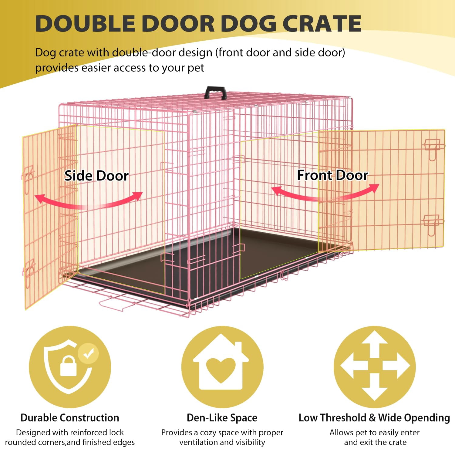 BORGEBY 48 Inch Dog Crates for Large Dogs Folding Metal Wire Crates Dog Kennels Outdoor and Indoor Pet Dog Cage Crate with Double-Door,Pink