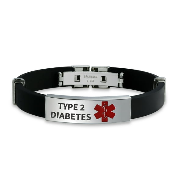 Type 2 Diabète Imperméable Noir Garniture-à-Monter Réglable Bracelet en Caoutchouc de Silicone Médical ID Bracelet pour les Hommes en Acier 8,5 Po Gravé sur Mesure