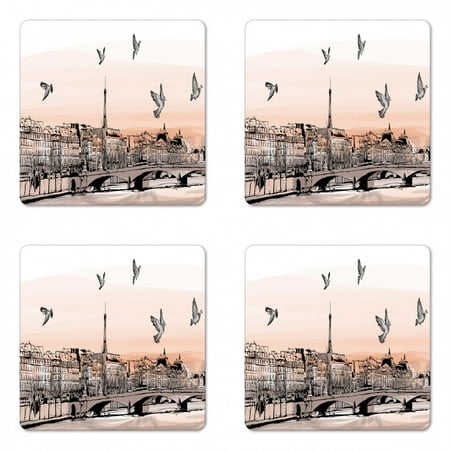 

Landscape Coaster Set of 4 Panorama Sketch Art Sunset View of Paris from Pont Des Arts with Pigeons River Square Hardboard Gloss Coasters Standard Size Peach Grey by Ambesonne