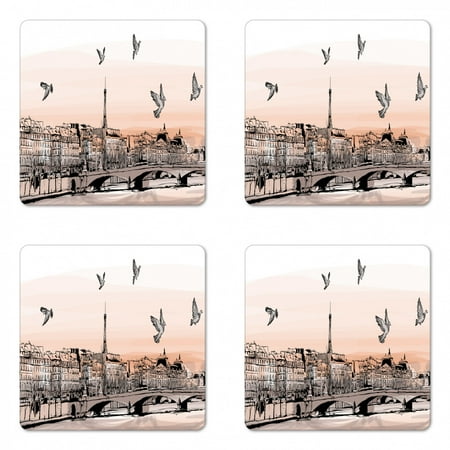 

Landscape Coaster Set of 4 Panorama Sketch Art Sunset View of Paris from Pont Des Arts with Pigeons River Square Hardboard Gloss Coasters Standard Size Peach Grey by Ambesonne