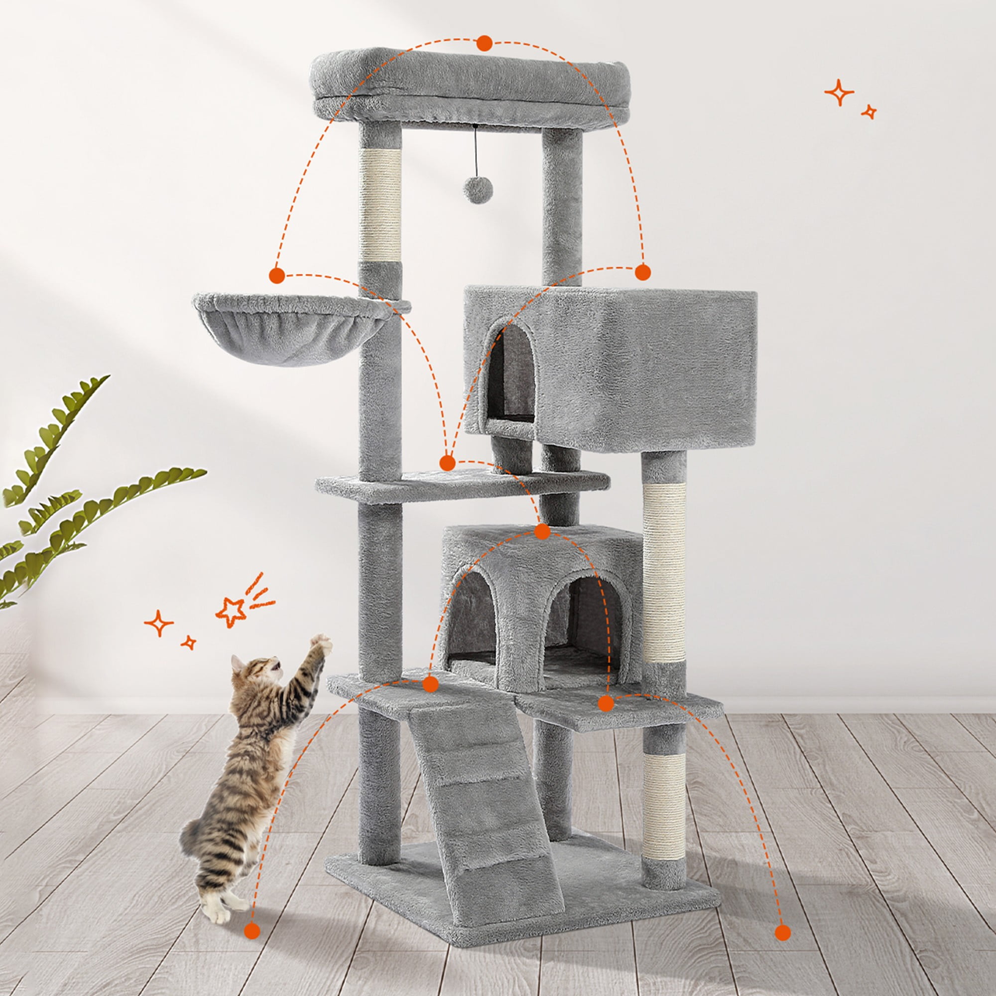 resenkos 56" Cat Tree Tower for Indoor Cats, Cat Tree House for Multiple Cats with 2 Cozy Condos, Top Perch, Hammock, Climbing ladder and Dangling Ball, Dark Gray