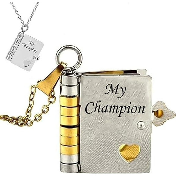 For Son - My Champion Book Necklace, "My Beloved Son" Chapter Book Necklace from Mom Dad, 2025 New Personalized Mini Engraved Necklaces with 6 Pages of Engraved Information(Gold Silver)
