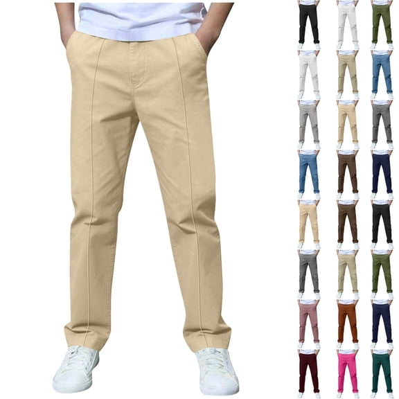 QINGFSAP Boys Straight Leg Casual Pants Elastic Waist Solid Color Back to School Trousers 3T-14T
