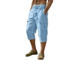 thumbnail image 2 of Mens Cotton Linen Capris Summer Outdoor Hiking Cargo Pants Elastic Waist Drawstring Travel Beach Trousers with Pocket, 2 of 8