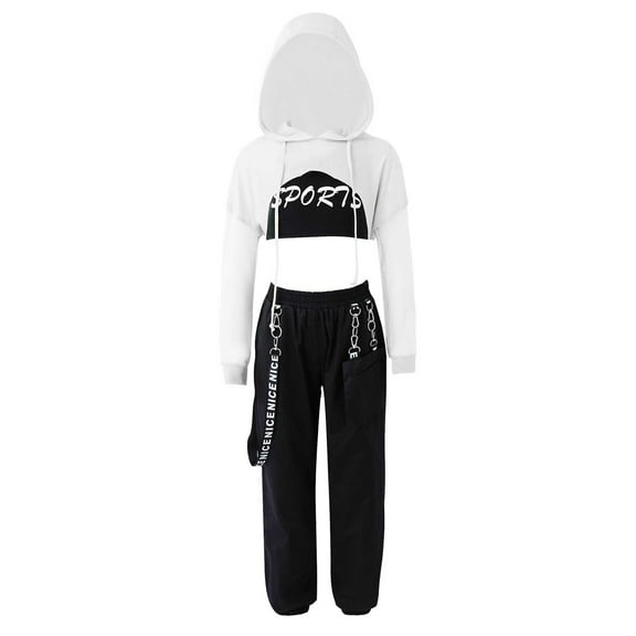 Doomiva 3 Pcs Hiphop Jazz Dance Outfit for Kids Girls Hoodie Crop Top Vest Punk Chain Harem Pants Activewear White 14