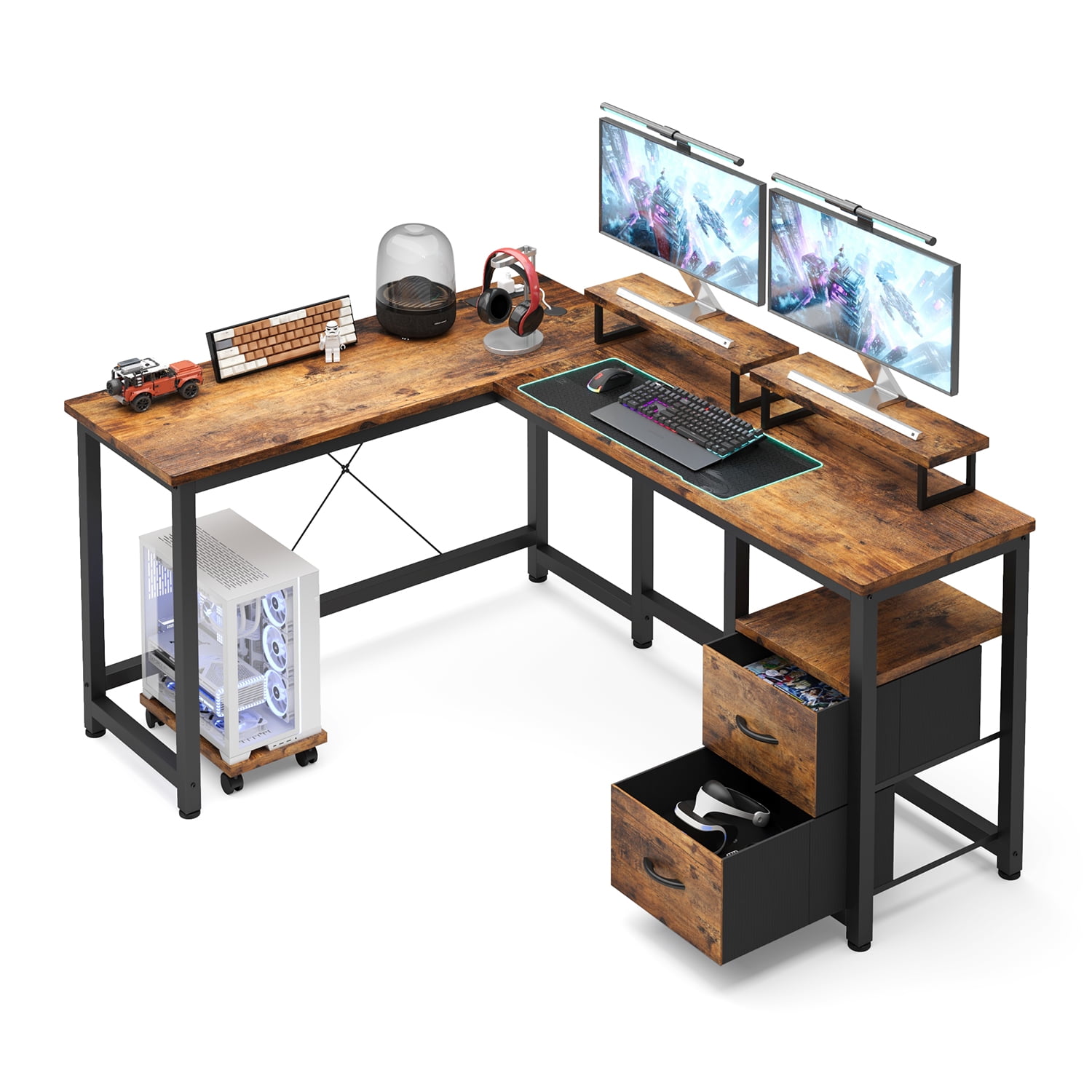 Asofer L-shaped Computer Desk, 66-inch Spacious Desk, Gaming Desk with Monitor Stands, Suitable for Study and Living Room, Black