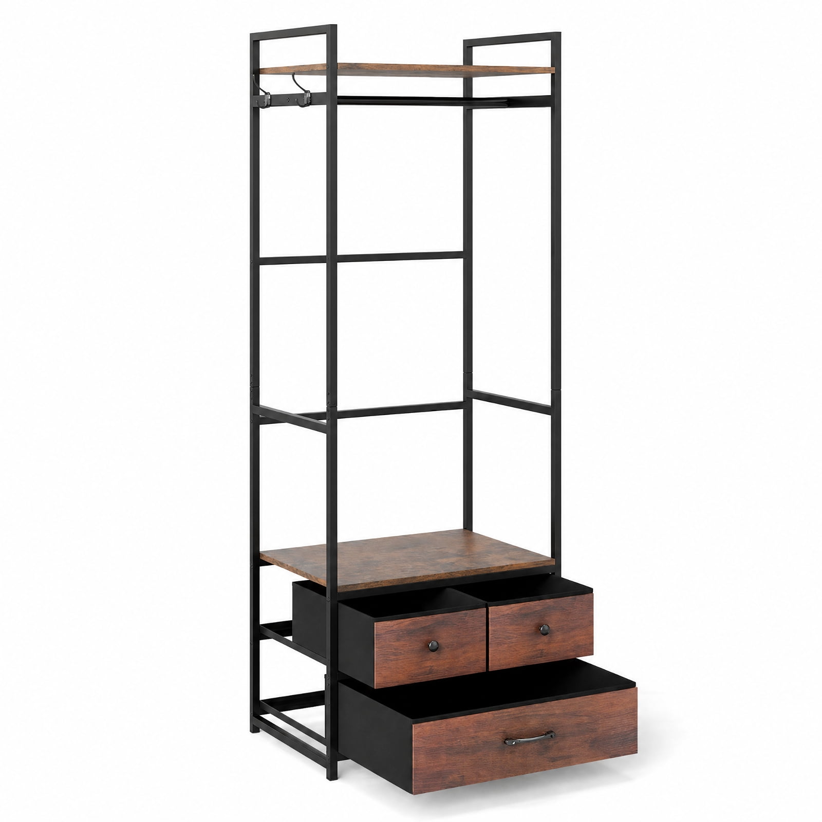 Furnibear Heavy Duty Metal Clothes Rack with 3 Fabric Drawers Top Shelf Hanging Rod and Side Hooks Industrial Garment Rack for Bedroom, Rustic Brown