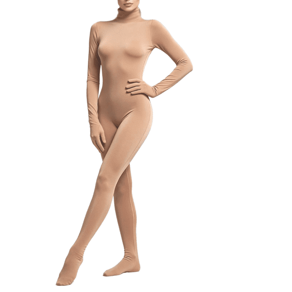 Women's Full Body Zentai Turtleneck Jumpsuit with Attached Unitard Long Sleeve One-Piece Bodysuit for Dance Cosplay Halloween & Stage Performance (Khaki D)