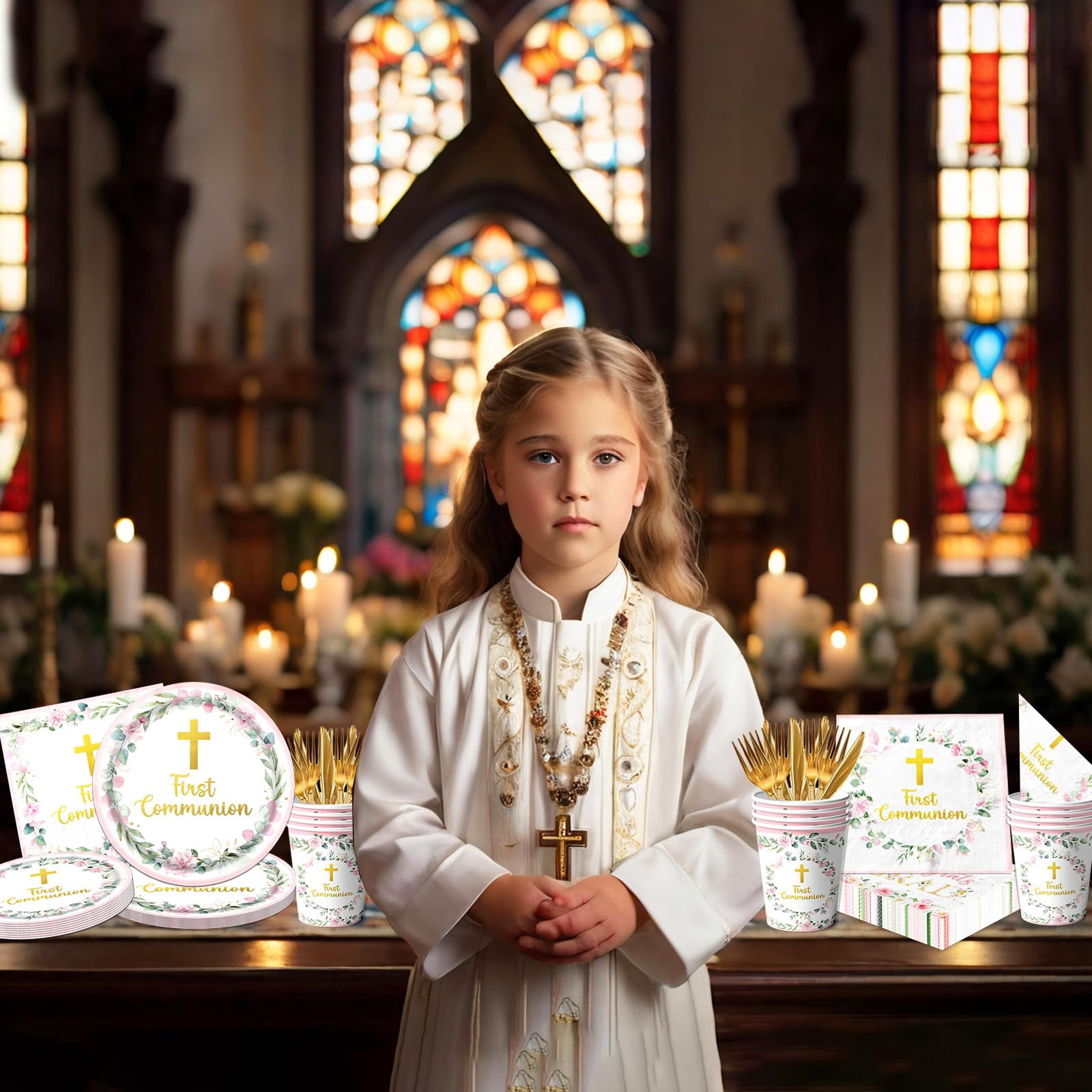 Communion Decorations – Includes 9" & 7" Plates, Napkins, Cups, Cutlery, Serves 25, for First Holy Communion, Baptism, Primera Comunion Party, Available in Pink, Blue, or Green