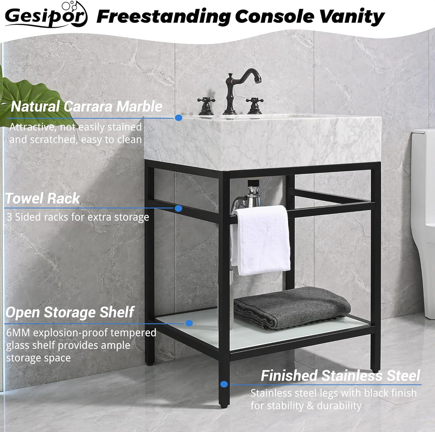 GGISHA24"x 21"Freestanding Bathroom Vanity with Sink,Carrara Marble,Black Frame,Tempered Glass Shelf