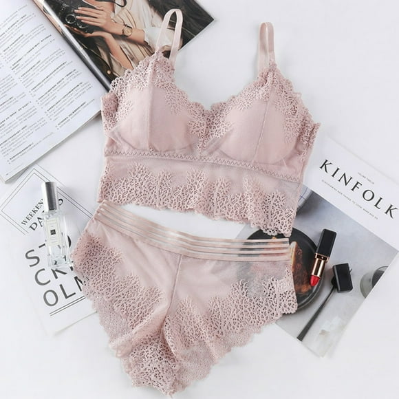 Women Everyday Push Up Bra Set Sxey Wireless Lace Brassiere With Briefs Underwear Lingerie Set Pink