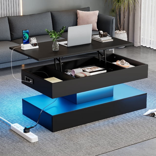Morufur Lift Up Coffee Table with Hidden Storage, Modern Rectangle Coffee Tables with LED Lights for Living Room, Black
