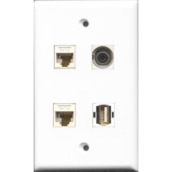 RiteAV 1 Port USB A-A and 1 Port 3.5mm 2 Port Cat6 Ethernet White Wall Plate