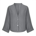 thumbnail image 3 of Linen Blend Shirts for Women 3/4 Sleeve 2 Button V Neck Open Front Solid Tops Gray,M, 3 of 5
