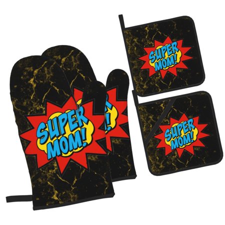 Super Mom Oven Mitts and Pot Holders Sets Baking Sets for Kitchen Bbq Gloves Heat Resistant Cooking Boom 4 Pieces